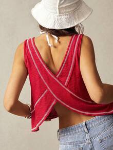 Bohemela Women Solid Color V-Neck Asymmetrical Hem Knit Vest,Summer Top - Red - View 2