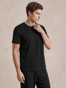 SHEIN 男士纯色短袖上衣和裤子睡衣套装 - 黑色 - 查看 4