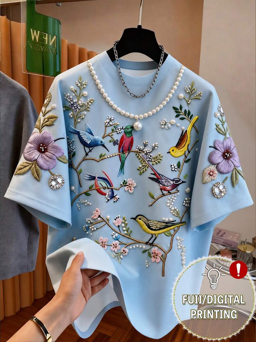 Resyla 女士休闲宽松T恤,饰有鸟语花香刺绣图案 - 彩色 - 查看 1