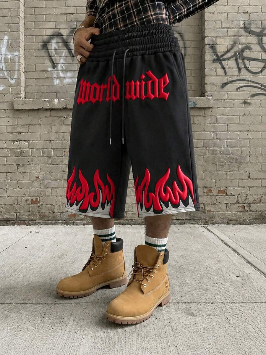 PAVTROS Men's Casual Flame Letter Print Pocket Drawstring Waist Sweatpants Wide Leg - Black - View 1