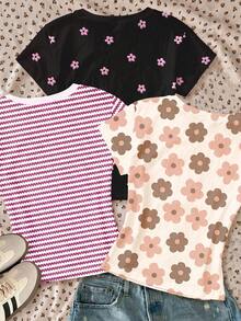 3pcs/Set Tween Girls Cute Floral Series Cream White,Pink Stripe,Black Crew Neck Short Sleeve T-Shirts,Summer Back-To-School Casual Outfits For School - White - View 2