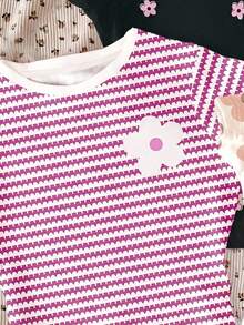 3pcs/Set Tween Girls Cute Floral Series Cream White,Pink Stripe,Black Crew Neck Short Sleeve T-Shirts,Summer Back-To-School Casual Outfits For School - White - View 4