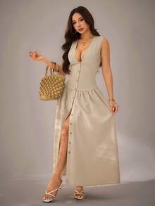SHEIN PETITE 女款優雅極簡卡其色亞麻質感V領無袖洋裝，收腰前排扣襯衫裙，飄逸裙擺休閒復古度假風，適合嬌小女性 - 卡其色 - 查看 8