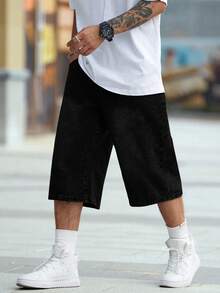 Manfinity EMRG Plus Size Men's Casual Loose Fit Pocketed Wide Leg Denim Shorts - Black - View 1