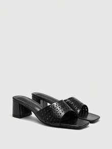CUCCOO BIZCHIC Sandalias de tacón alto con parte superior hueca negra para mujer, sandalias de tacón alto con punta cuadrada y comodidad, sandalias de estilo de viaje diario - Negro - Ver 2