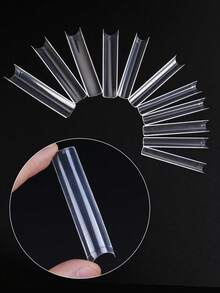 504 Pcs Long Square Transparent Half Cover Water Tube Shaped Fake Nail Press On Nails False Tips For Salon Home Manicure Must Have Beauty Supply - Clear - View 3