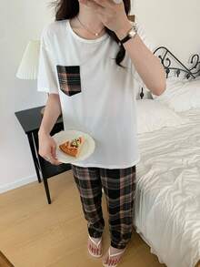 2pcs/Set Teen GirlCasual Loose Fit Drop Shoulder Top And Retro Plaid Pants Loungewear Set - White - View 3