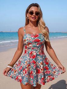 Swim Lushoire Women's Mature And Conservative Floral Print Spaghetti Strap Swimsuit Dress Two-Piece Set - Multicolor - View 4