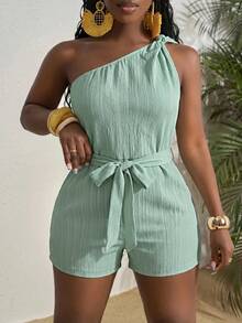 Slaydiva Combinaison femme style western/bohème printemps/été, convient pour les festivals de musique, Pâques, Nashville, anniversaires, remises de diplômes, tenues étudiantes, décontracté quotidien, vacances, croisières, plage, bronzage. Épaule unique, taille cintrée avec nœud, tissu texturé amincissant, combinaison blanche - Vert menthe - Voir 6