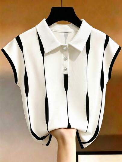 SHEIN Franclia Women's Black & White Striped Print Polo Neck Sleeveless T-Shirt, Summer