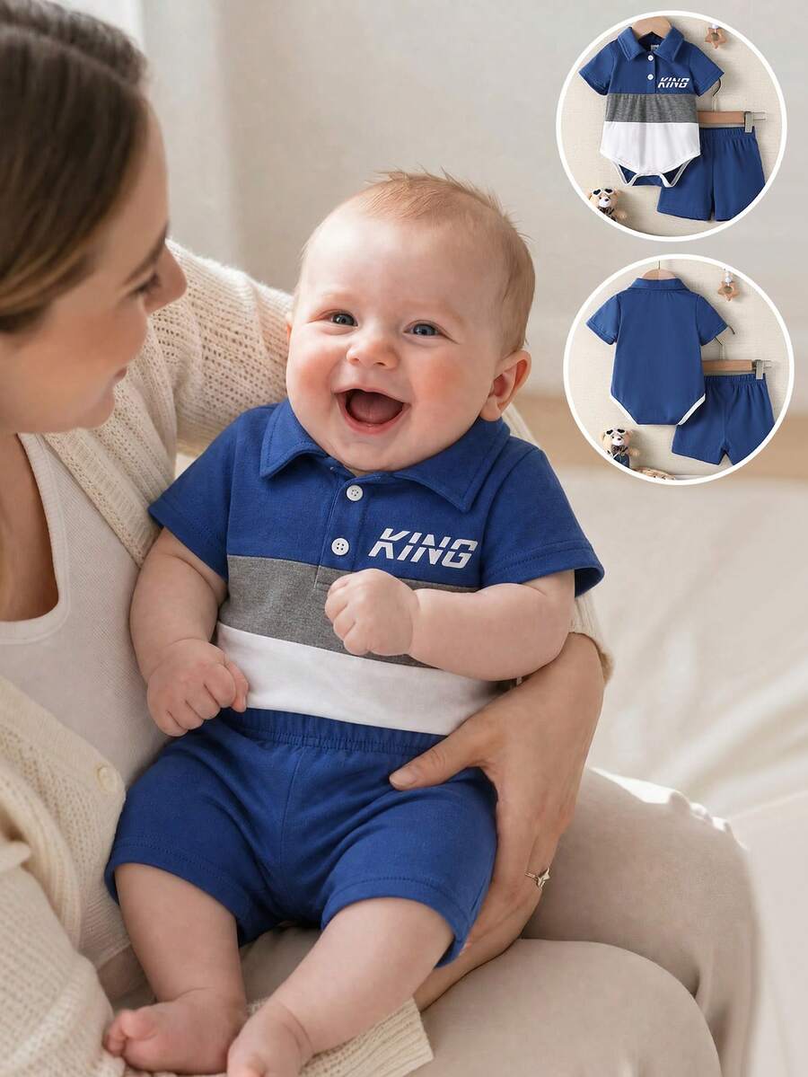 SHEIN Baby Contrast Color Patchwork Polo Collar Short Sleeve Outfit - Navy Blue - View 1