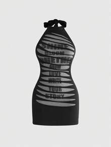 ROMWE Grunge Punk Summer Punk Music Festival Outfit, Letter Slogan Print & Tie-Dye Contrast Color Halter Backless Mini Dress - Black - View 1