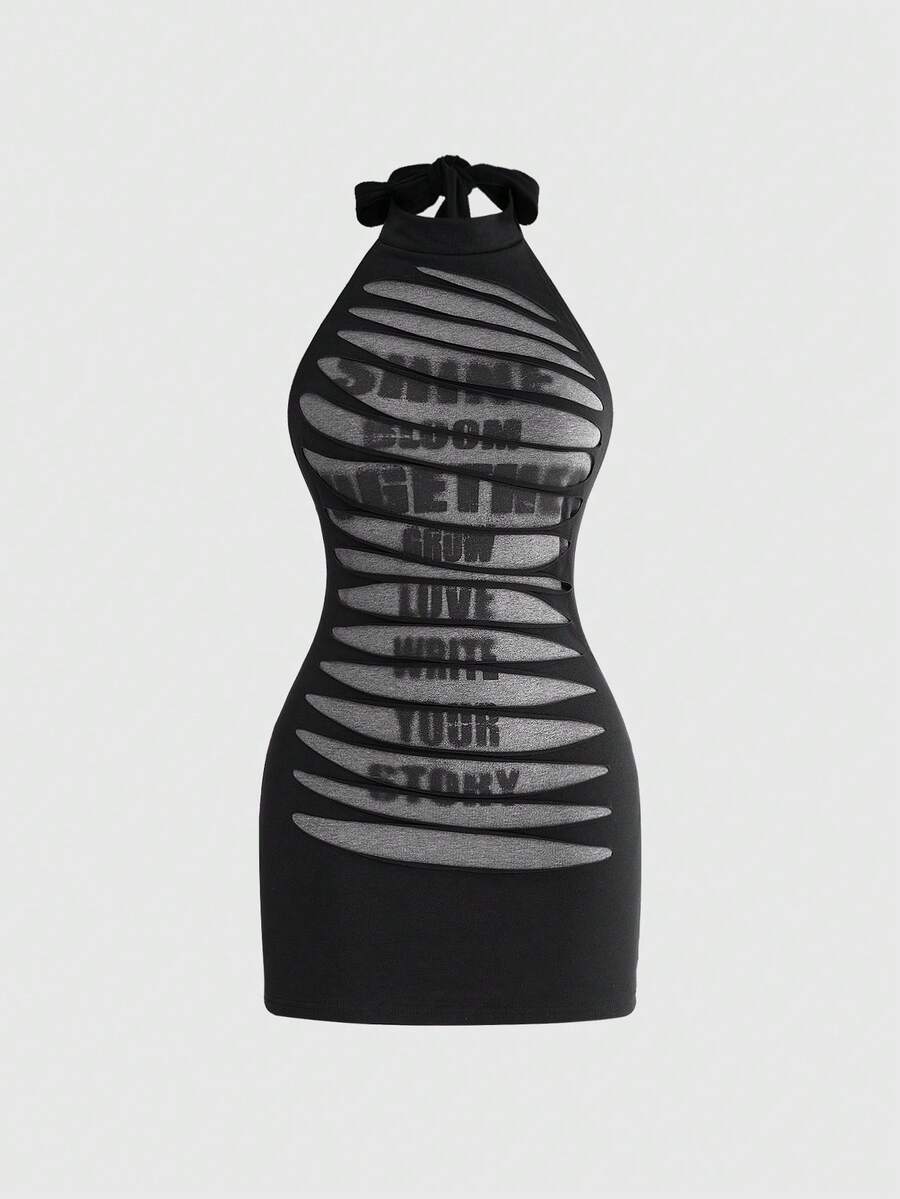 ROMWE Grunge Punk Summer Punk Music Festival Outfit, Letter Slogan Print & Tie-Dye Contrast Color Halter Backless Mini Dress - Black - View 1