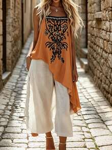 SHEIN Contrast Color Trim Sleeveless Ruffled Hem Summer Dress For Middle-Aged & Elderly Women - Orange - View 1