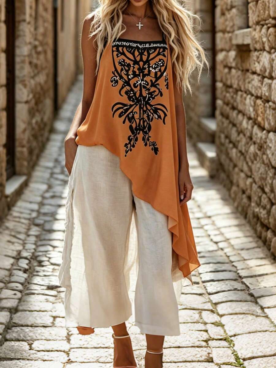 SHEIN Contrast Color Trim Sleeveless Ruffled Hem Summer Dress For Middle-Aged & Elderly Women - Orange - View 1