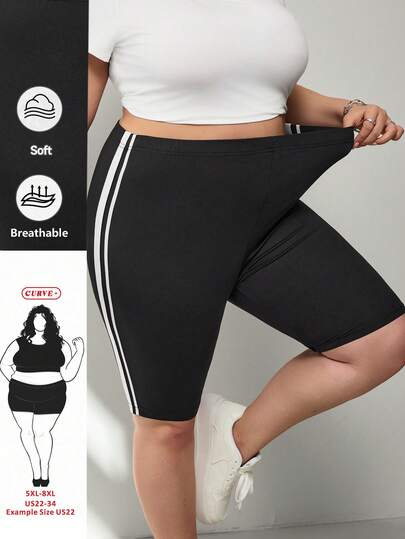 SHEIN CURVE+ מכנסי קז'ואל שחורים לנשים במידות גדולות, מכנסיים קצרים עם פסים מותן אלסטי, מידות גדולות לנשים, בגדי קיץ, מכנסי אופניים