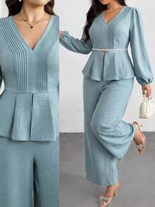 Modelyn Conjunto informal de 2 piezas de talla grande para mujer con blusa de manga farol plisada de cuello en V y pantalones de pierna ancha - Verde - Ver 1