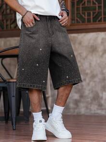 Manfinity EMRG Pantalones cortos de mezclilla de pierna ancha con adornos de diamantes de imitación para hombres de talla grande, vacaciones - Gris - Ver 5