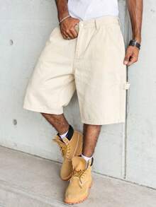 Manfinity Hypemode Men's Casual Street Style Multi-Pocket Beige Denim Cargo Shorts - Apricot - View 1