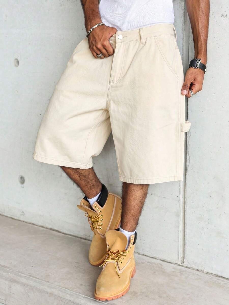 Manfinity Hypemode Men's Casual Street Style Multi-Pocket Beige Denim Cargo Shorts - Apricot - View 1