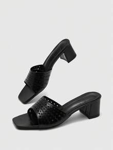 CUCCOO BIZCHIC Sandalias de tacón alto con parte superior hueca negra para mujer, sandalias de tacón alto con punta cuadrada y comodidad, sandalias de estilo de viaje diario - Negro - Ver 8