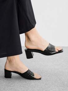CUCCOO BIZCHIC Sandalias de tacón alto con parte superior hueca negra para mujer, sandalias de tacón alto con punta cuadrada y comodidad, sandalias de estilo de viaje diario - Negro - Ver 1