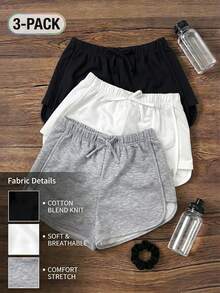 SHEIN Conjunto de 3 piezas de shorts casuales de punto de unicolor para niñas preadolescentes - Multicolor - Ver 3