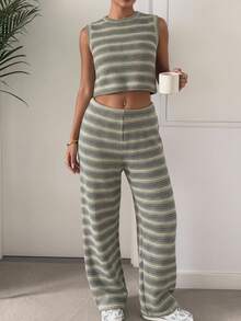 SHEIN EZwear 条纹印花圆领背心和裤子休闲两件套女装 - 彩色 - 查看 9
