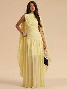 SHEIN BAE 1 chiếc đầm mùa hè màu vàng trơn, cổ choàng, dáng chữ A, thanh lịch, đầm vàng, đầm ôm sát, đầm xòe, trang phục dự tiệc cưới. - Màu vàng - Xem 4