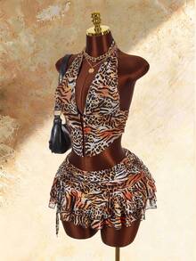 Amplova Women's 2-Piece Leopard Print Sexy Tie-Dye Halter Top And Ultra Low-Rise Mini Skirt Set - Multicolor - View 4