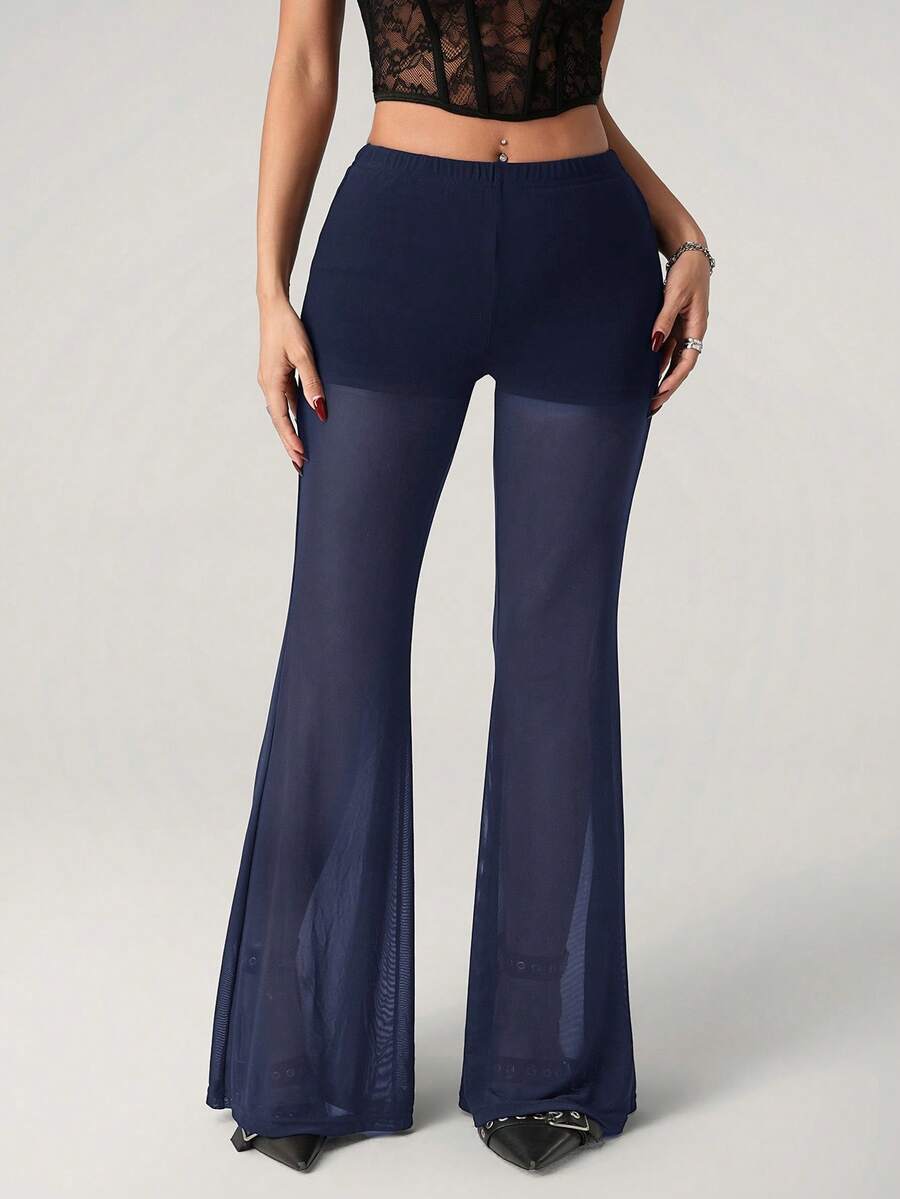 SHEIN ICON Summer Women's Going Out Night Concert Solid Color Mesh Patchwork Flare Pants, Suitable For Commuting Navy Blue Sexy - Navy Blue - View 1