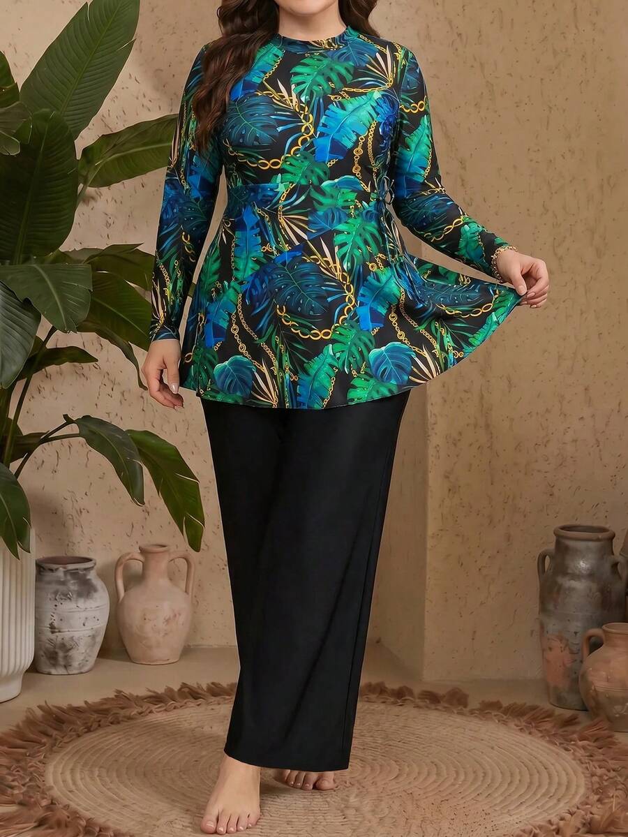 Swim Mulvari Plus Size Women's Black Base Floral Print Long Sleeve Dress Top And Solid Color Leggings Two Pieces Vacation Beach Outfit Bikini Swimwear - Multicolor - View 1