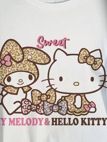HELLO KITTY AND FRIENDS | SHEIN 大码女式卡通图案字母印花撞色圆领短袖T恤 - 白色 - 查看 4