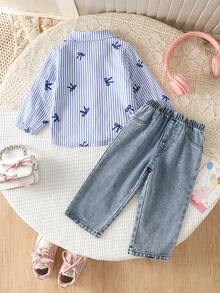 SHEIN Playful Pals 女嬰春/秋條紋長袖上衣 & 寬鬆淺藍色牛仔褲 2件套，可愛休閒日常穿搭與外出服裝 - 藍色 - 查看 2