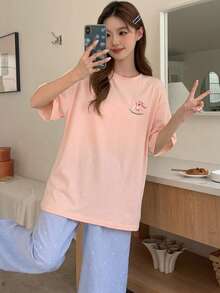 DAZY 2件組女款可愛木馬印花上衣與彩色波點長褲睡衣套裝，夏季居家服 - 粉色 - 查看 6