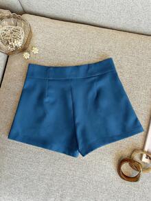 Franclia Women's Solid Color Casual Pocket Shorts - Blue - View 2