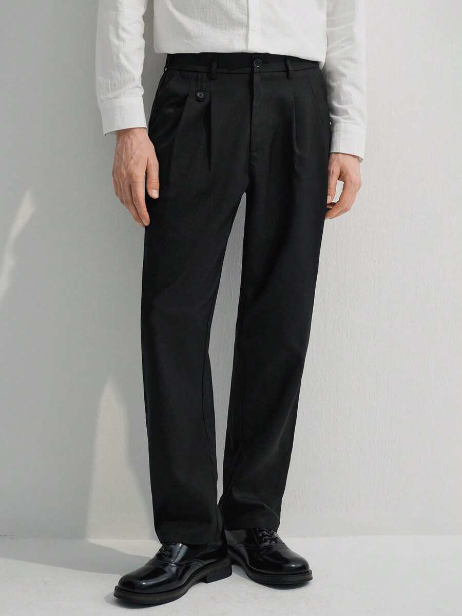 Manfinity CityGents 男士纯色褶裥口袋宽松直筒休闲裤,适合出席正式场合 - 黑色 - 查看 1
