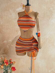 Soleia Bộ đồ 2 món dành cho nữ: Áo croptop cổ yếm lệch vạt và chân váy mini ôm sát, kẻ sọc, kiểu dáng bất đối xứng, thích hợp cho kỳ nghỉ. - Nhiều màu - Xem 4