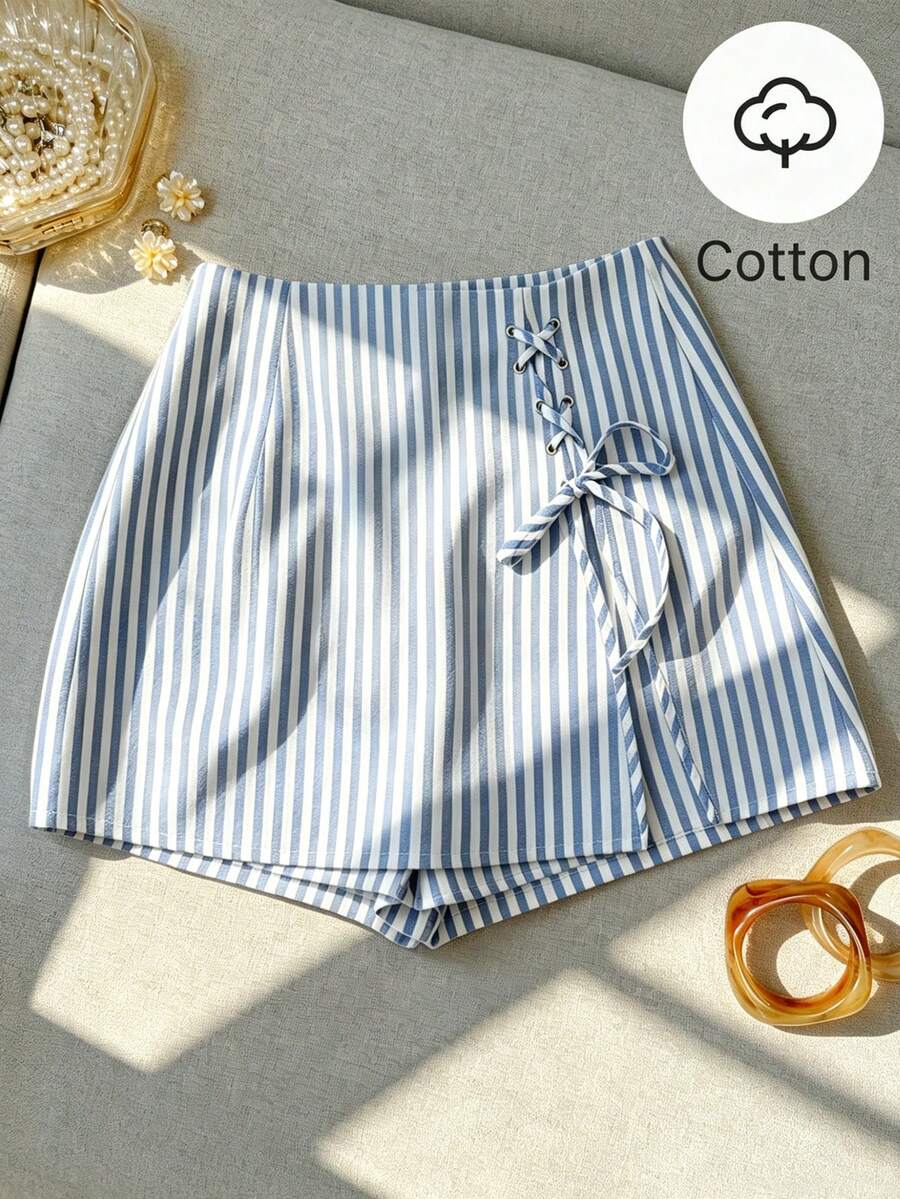 SHEIN Franclia 新款女士时尚休闲日常通勤简约条纹系带开衩裙短裤,纯棉夏季套装 - 藍色 - 查看 1