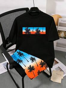 SHEIN Streecool Kids 两件套休闲舒适百搭男童套装，柔软短袖T恤和短裤运动套装，度假风渐变椰树印花，适合夏季穿着，时尚休闲，返校季、户外野餐、街头摄影、校园、节日庆典、送礼皆宜。 - 黑色 - 查看 3