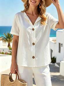 SHEIN LUNE CURVE Plus Size Women's 100% Cotton V-Neck Shirt,Short Sleeve Coconut Button White Summer Silky Smart Casual Vacation Holiday Open-Front Linen Style Top - White - View 4