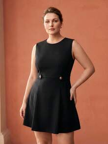 MOTF PREMIUM PLUS SIZE WOMEN'S ROUND NECK METAL DECOR BUTTON SIMPLE ELEGANT COMMUTER DINNER EVENING FORMAL OFFICE BLACK DRESS, SPRING/SUMMER TEACHERS' DAY - Black - View 6