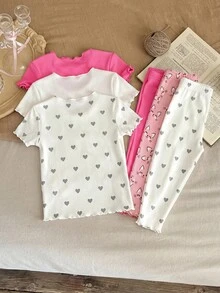 SHEIN LMoss Kids Heart Pattern Ruffle Trim Round Neck Short Sleeve Pajama Set, 6 Pieces, Comfortable & Skin-Friendly - Multicolor - View 7