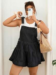 Lounesse Plus Size Women Summer Casual Vacation Daily Commute Ruffle Hem Loose Denim Romper - Black - View 5