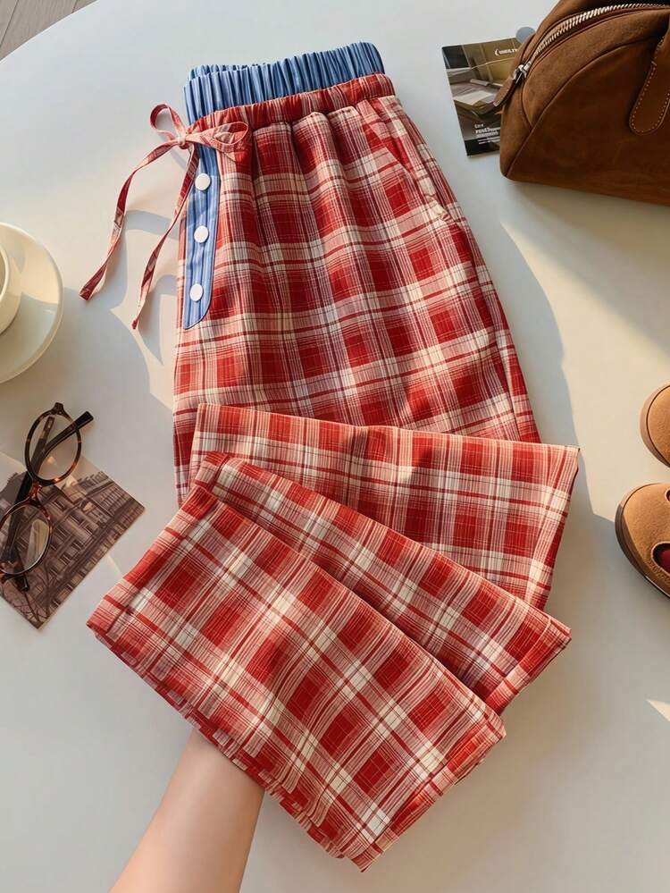 Pantalones largos tejidos de rayas negras y blancas para mujeres - Rojo - Añade 5