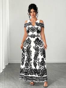 Elenzga Damen Große Größen Frühling/Sommer Klassisch Blau & Weiß Platzierter Muster Hemdkleid, V-Ausschnitt, Off-shoulder, Tailliert Taillenform, Modisch & Elegant für Date, Einkaufen, Pendeln, Alltag-Outfit - Schwarz und Weiss - Übersicht 6