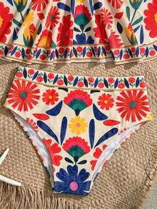 Travachic KIDS Tween Girl Floral Print Halter Neck Swimwear Set, Summer Beach Vacation - Multicolor - View 4