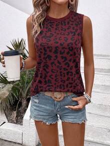 EMERY ROSE Fashionable Casual Vintage Burgundy Base With Black Leopard Print Pattern Round Neck Regular Women Tank Top - Multicolor - View 3