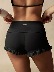 VARSIVA Women's Simple Solid Color Ruffle Hem Sports Shorts, Summer - Black - View 5