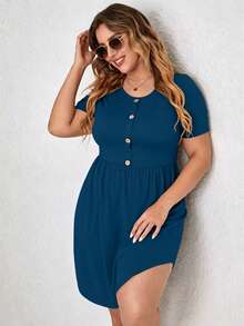 EMERY ROSE Plus Size Solid Color Round Neck Short Sleeve Casual Front Button Summer Dress - Blue - View 1